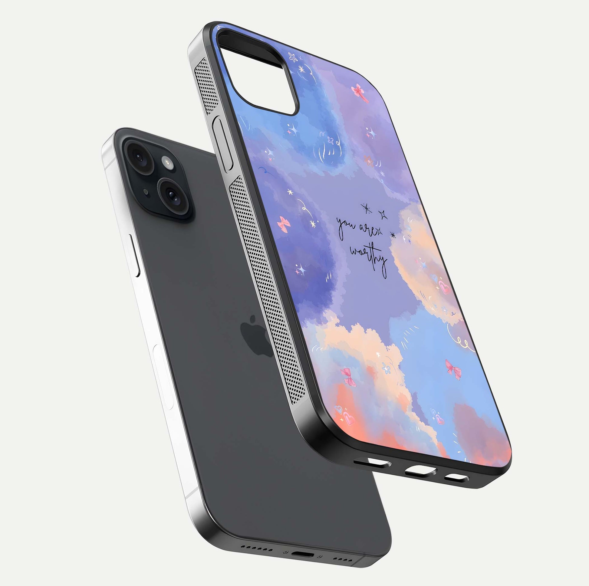 Celestial Cloud Magic Glass Case for iPhone 15 Plus floating mockup displaying cloud aura and HD finish