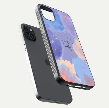 Celestial Cloud Magic Glass Case for iPhone 15 Plus floating mockup displaying cloud aura and HD finish