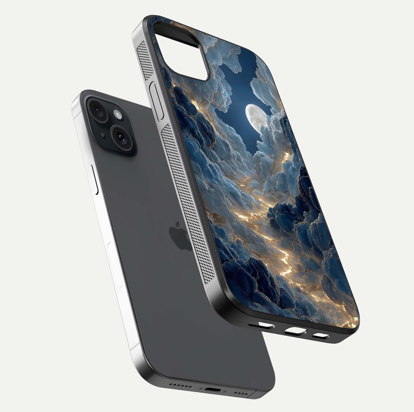 Celestial Cloud Road Glass Case for iPhone 15 Plus floating mockup capturing glowing horizon and HD gloss