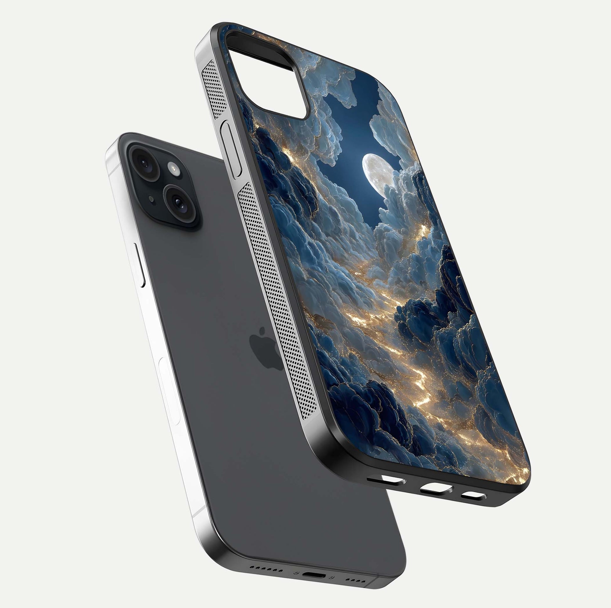 Celestial Cloud Road Glass Case for iPhone 15 Plus floating mockup capturing glowing horizon and HD gloss