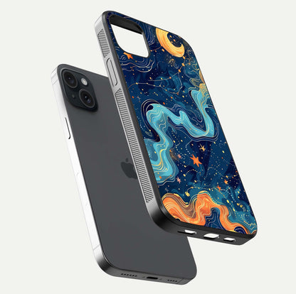 Celestial Dream Flow Glass Case for iPhone 15 Plus floating mockup displaying gloss shimmer and artistic composition