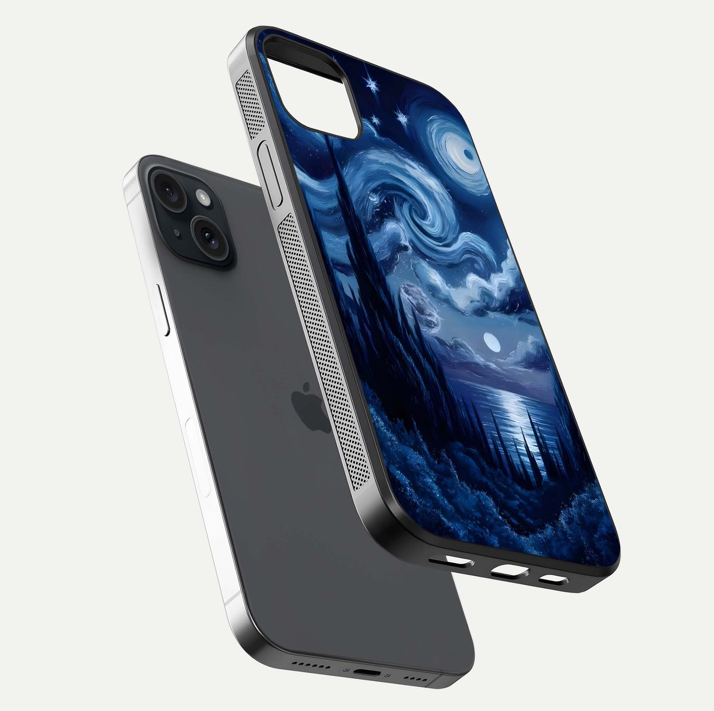 Celestial Dream Van Gogh Glass Case for iPhone 15 Plus floating mockup highlighting cosmic tones and smooth gloss