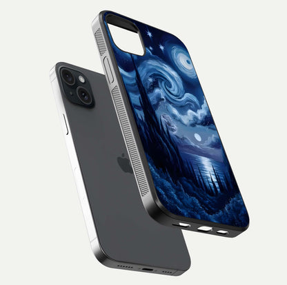 Celestial Dream Van Gogh Glass Case for iPhone 15 Plus floating mockup highlighting cosmic tones and smooth gloss