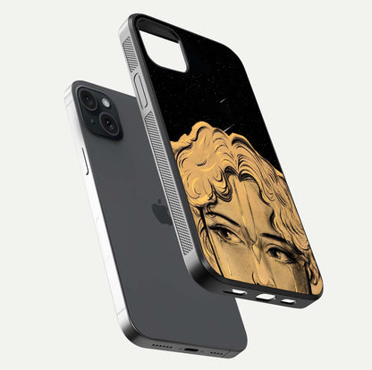 Celestial God’s Plan Glass Case for iPhone 15 Plus floating dual-view mockup displaying gloss surface and vivid print