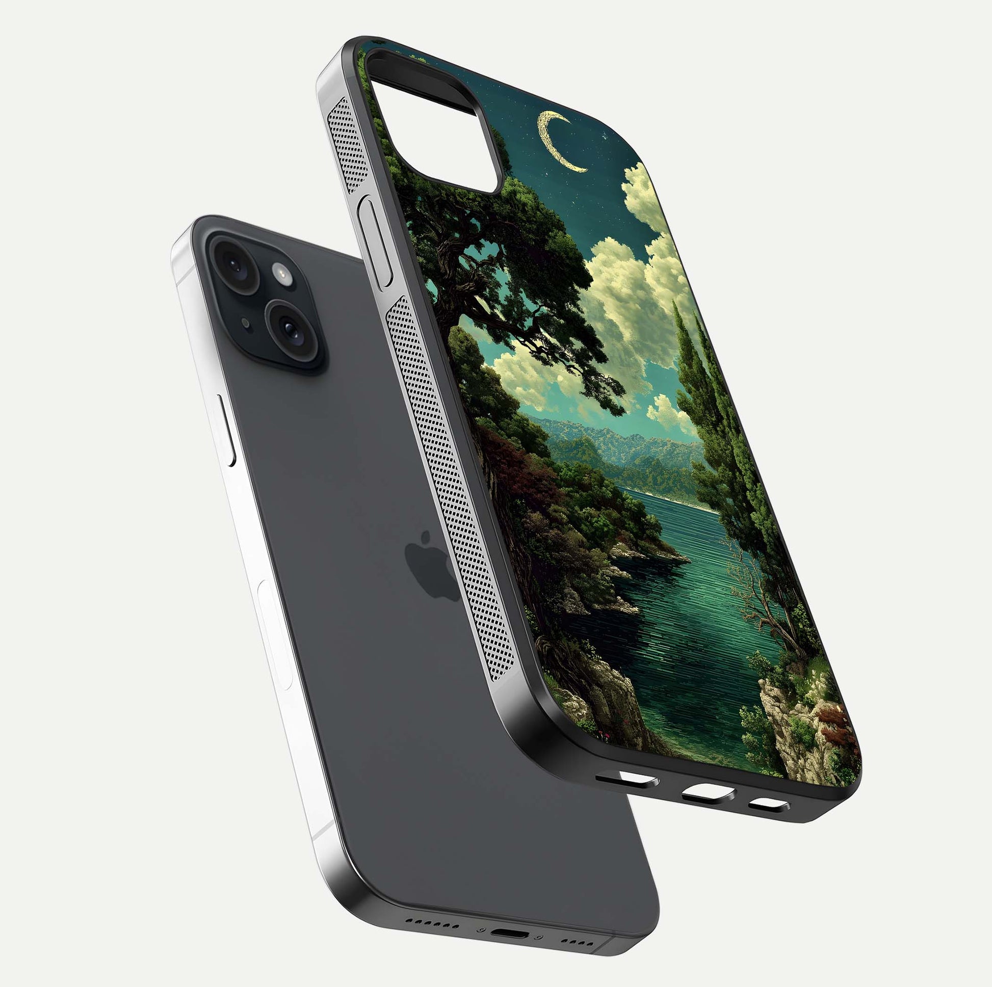 Celestial Lake Peace Glass Case for iPhone 15 Plus floating mockup capturing calm tones and smooth polish