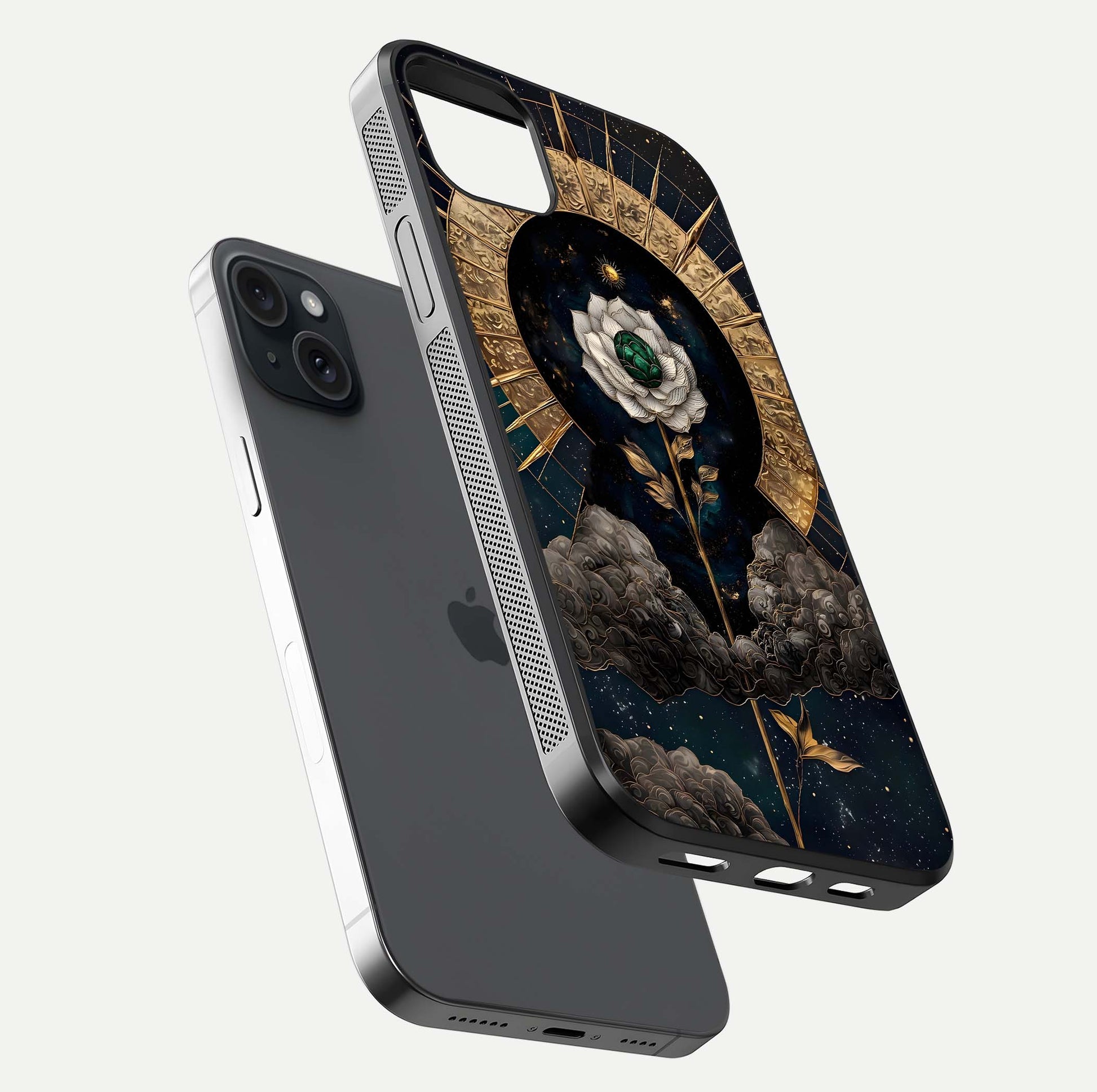 Celestial Lotus Morang Glass Case for iPhone 15 Plus floating mockup showing gloss depth and cosmic lotus glow