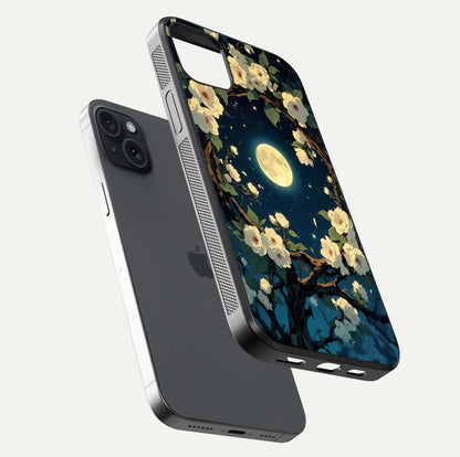 Celestial Moon & Flower Glass Case for iPhone 15 Plus floating mockup emphasizing HD shine and delicate texture