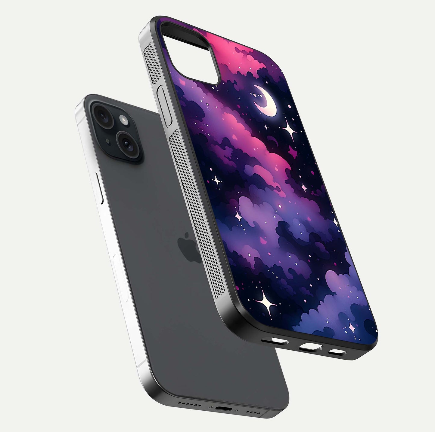 Celestial Moon Magic Glass Case for iPhone 15 Plus floating mockup showing reflection gradient and smooth polish