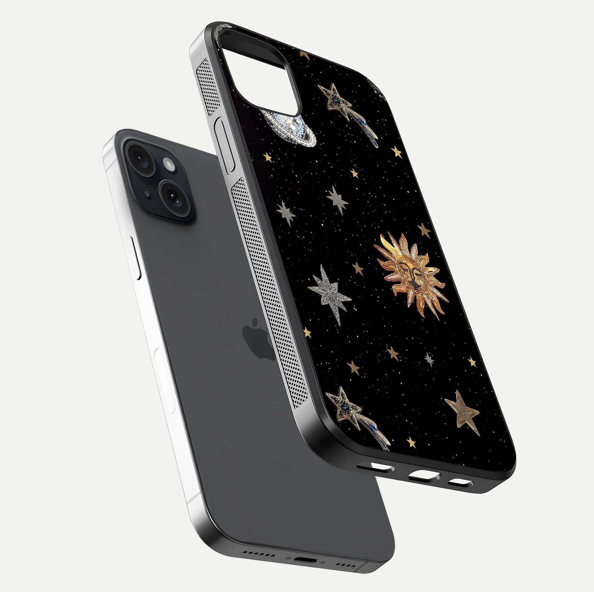 Celestial Moon With Stars Glass Case for iPhone 15 Plus floating mockup emphasizing star depth and gloss clarity