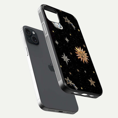 Celestial Moon With Stars Glass Case for iPhone 15 Plus floating mockup emphasizing star depth and gloss clarity