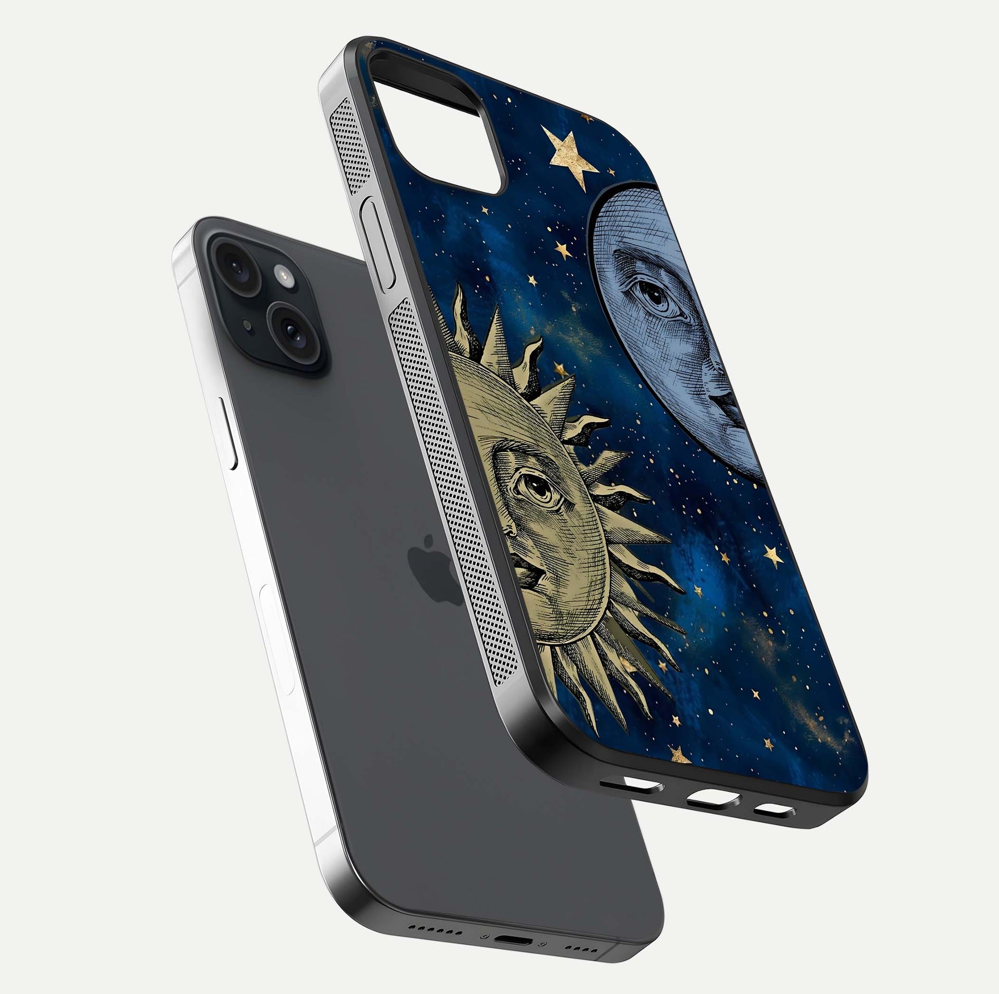 Celestial Moon With Sun Glass Case for iPhone 15 Plus floating mockup displaying vibrant contrast and HD gloss