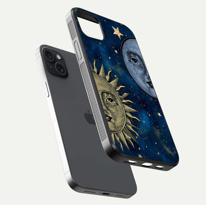 Celestial Moon With Sun Glass Case for iPhone 15 Plus floating mockup displaying vibrant contrast and HD gloss