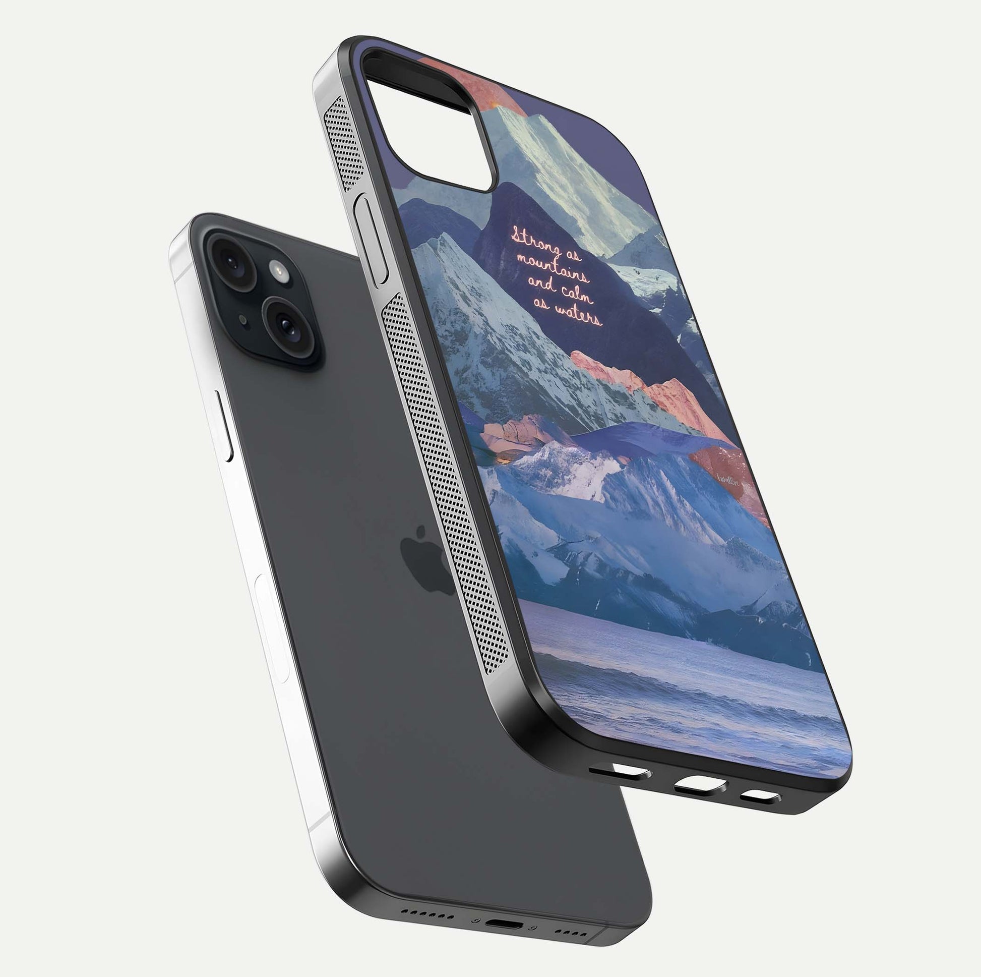 Celestial Mountain Calm Glass Case for iPhone 15 Plus floating mockup showing glow depth and polished edges