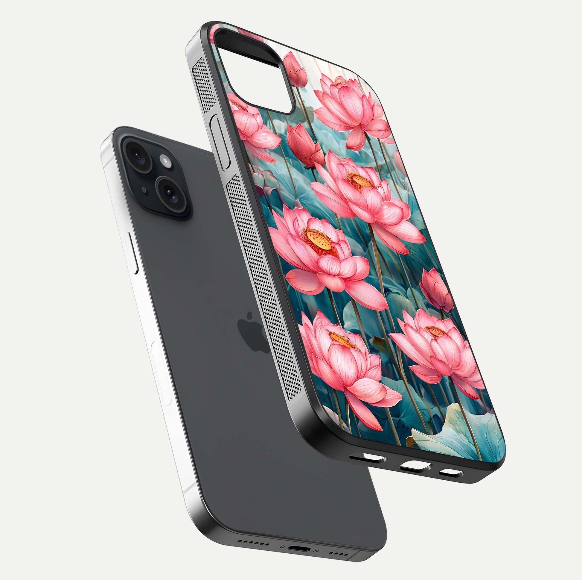 Celestial Pink Lotus Glass Case for iPhone 15 Plus floating mockup displaying cosmic tone and gloss surface