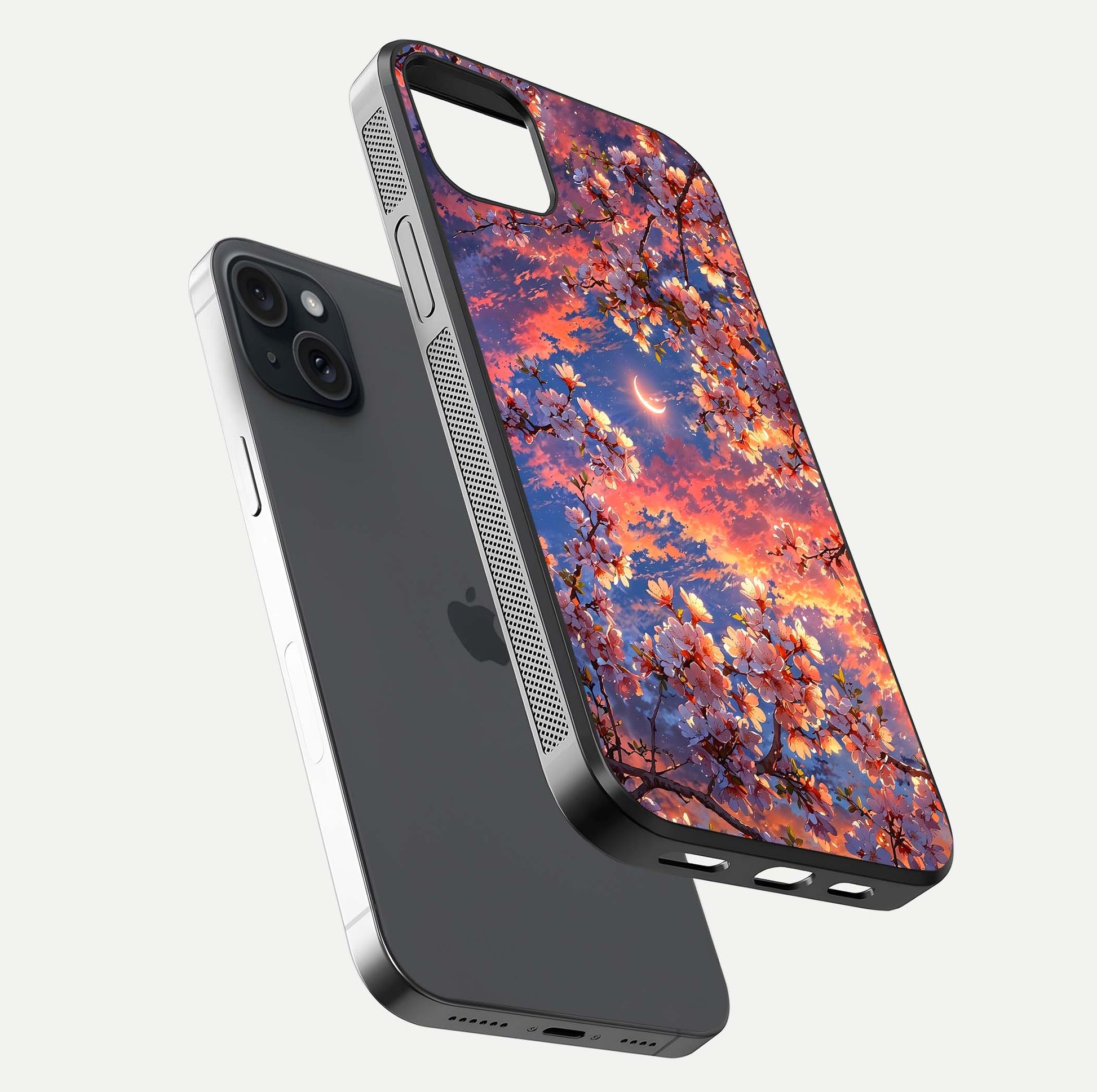 Celestial Sakura Sunset Glass Case for iPhone 15 Plus floating mockup capturing sunset hue and smooth gloss