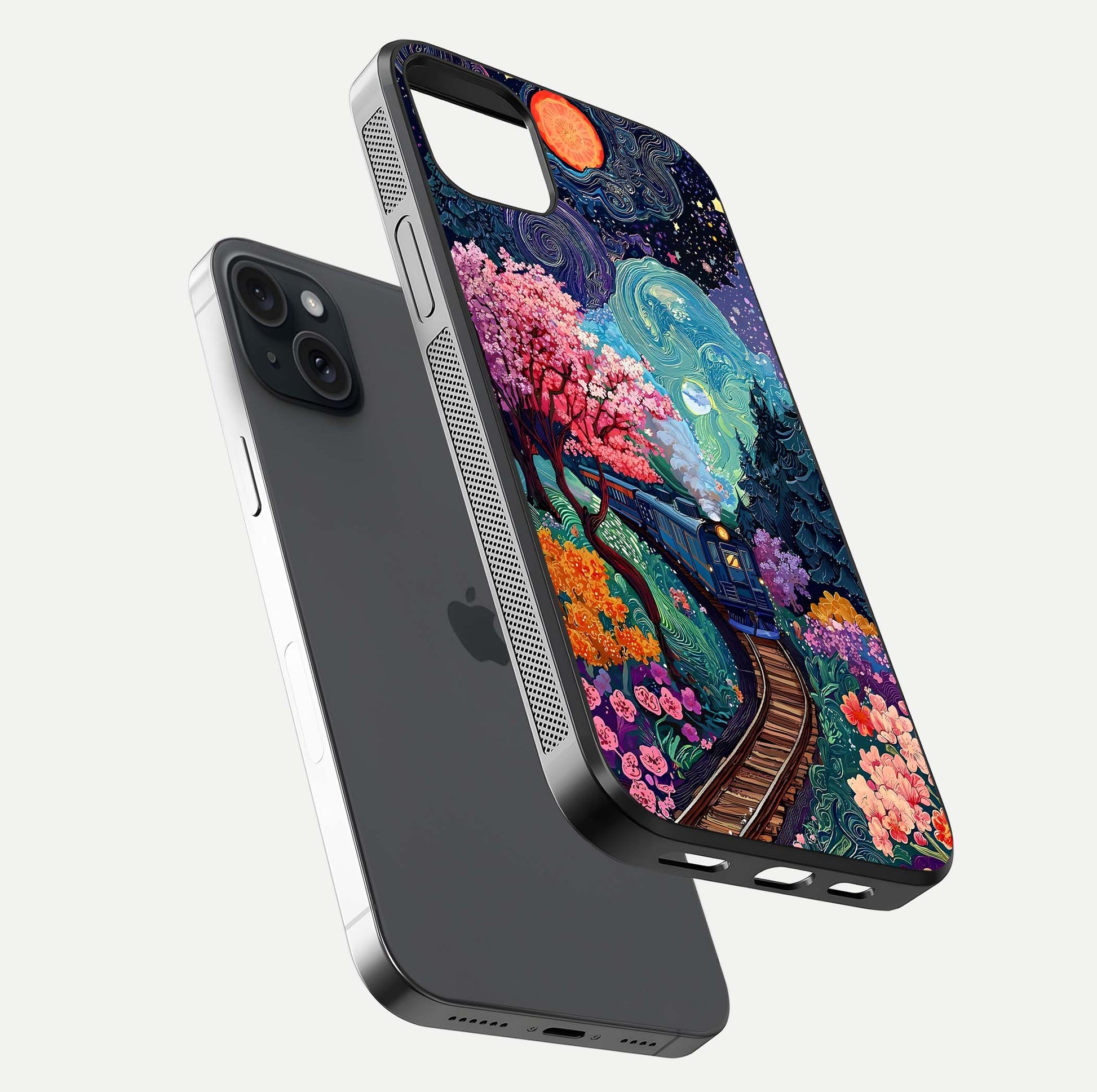 Celestial Train Journey Glass Case for iPhone 15 Plus floating mockup capturing gloss reflection and deep night hues