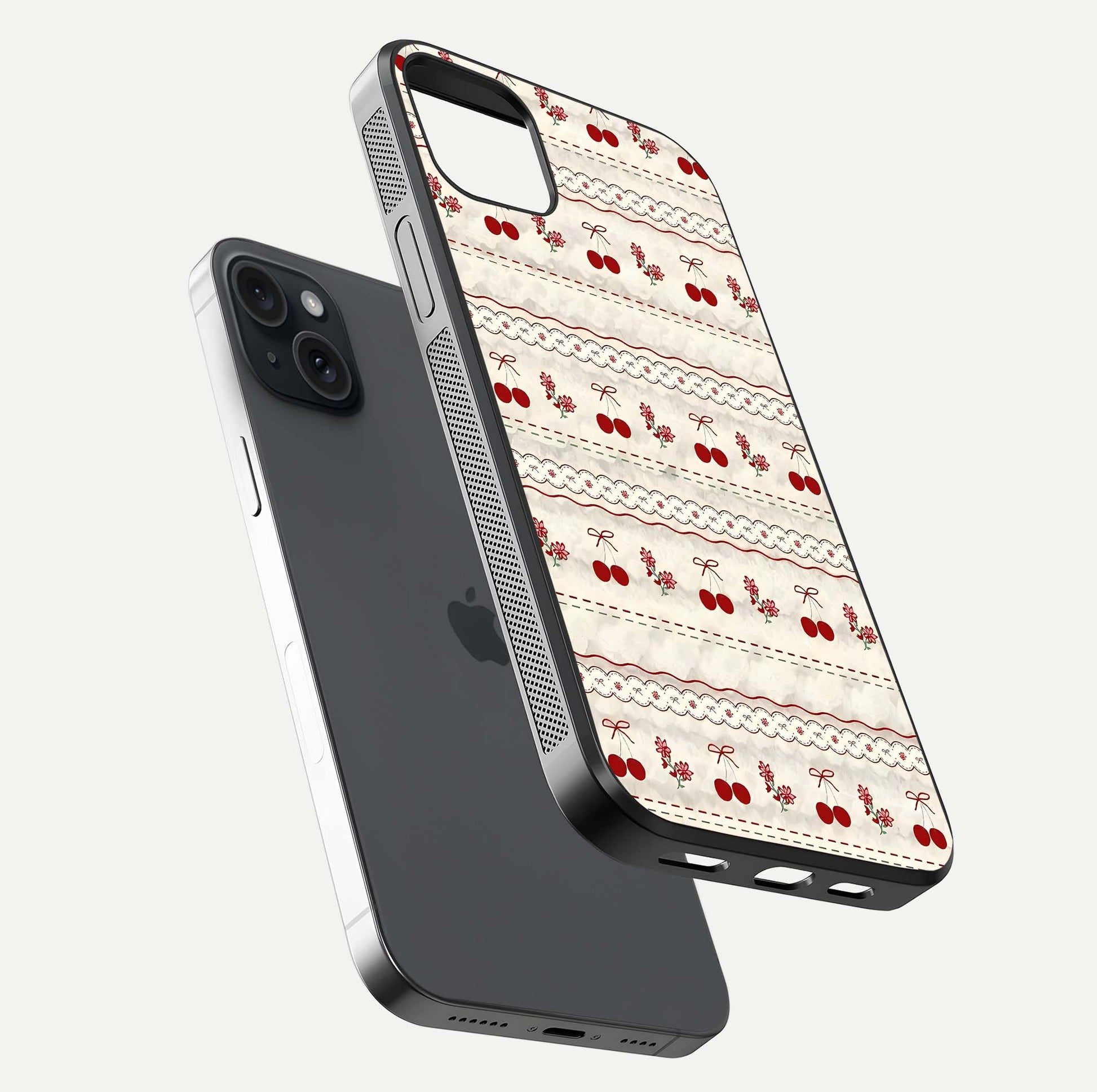 Cherry Bloom Charm Glass Case for iPhone 15 Plus floating mockup showing bloom texture and polished gloss