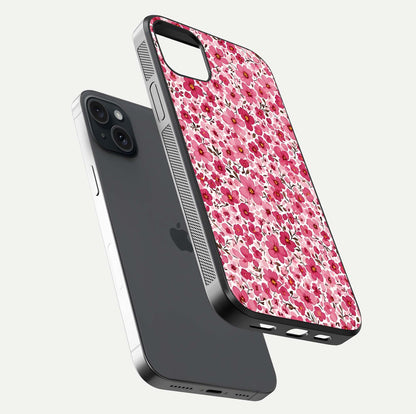 Cherry Blossom Charm Glass Case for iPhone 15 Plus floating mockup displaying pink tone flow and polished edges