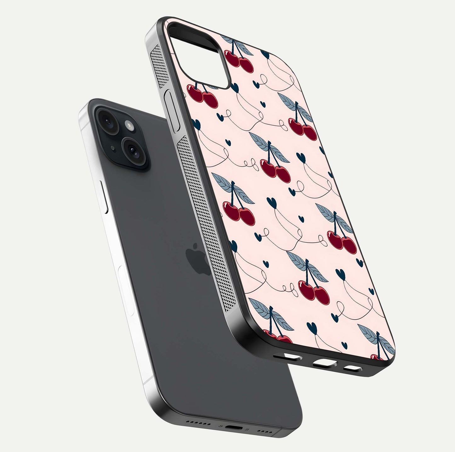 Cherry Heart Line Glass Case for iPhone 15 Plus floating mockup showing gloss polish and bright tones