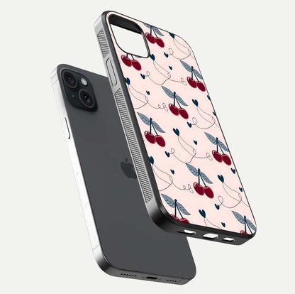 Cherry Heart Line Glass Case for iPhone 15 Plus floating mockup showing gloss polish and bright tones