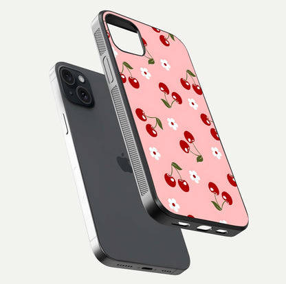 Cherry Love Mood Glass Case for iPhone 15 Plus floating mockup showing HD gloss reflection and red tones