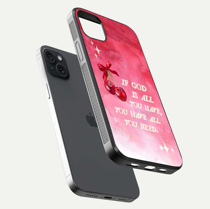 Cherry Quote Glass Case for iPhone 15 Plus floating mockup capturing shine texture and clear typography