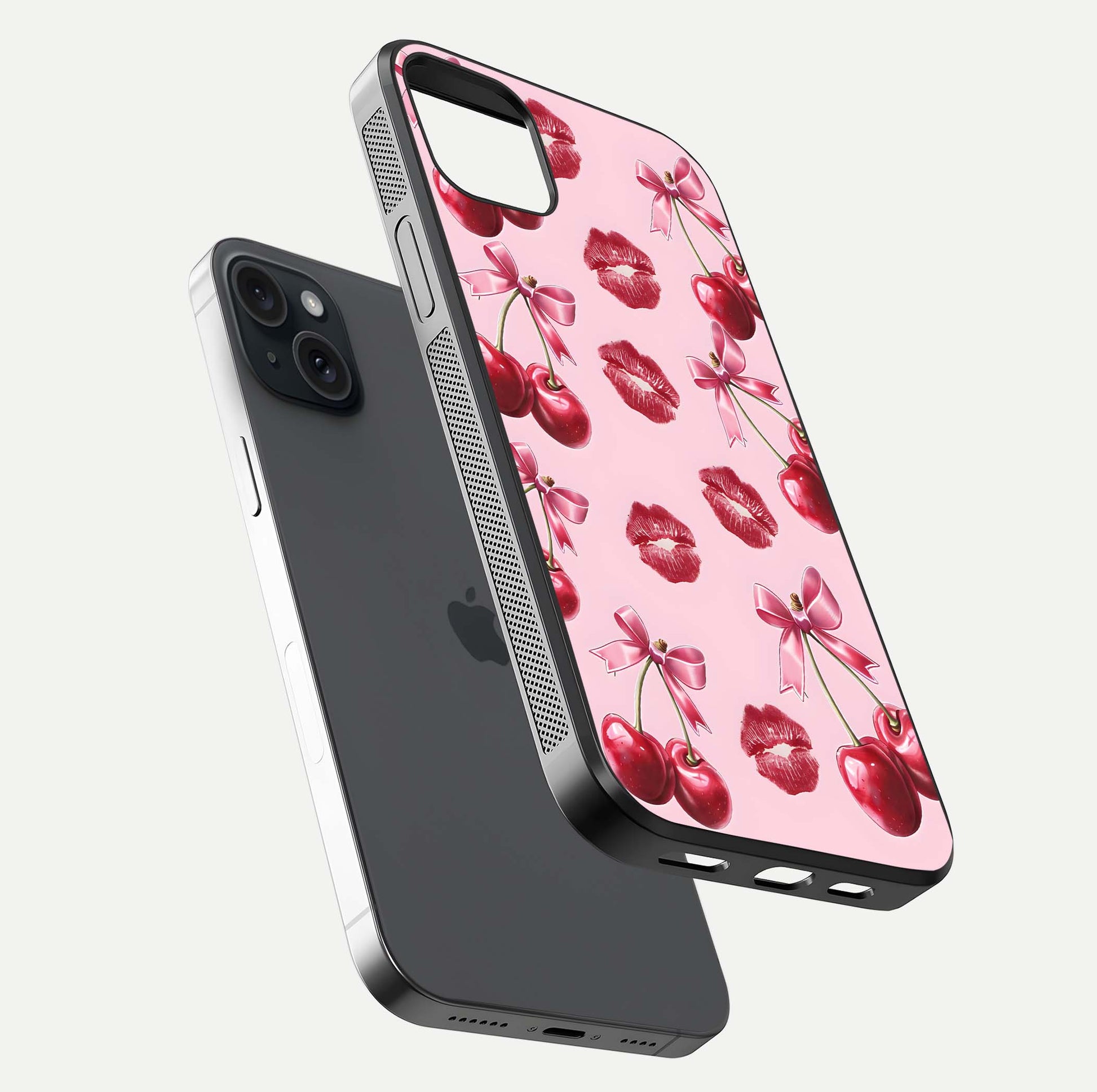 Cherry With Lips Glass Case for iPhone 15 Plus floating mockup showing HD gloss and pop-art inspired tones