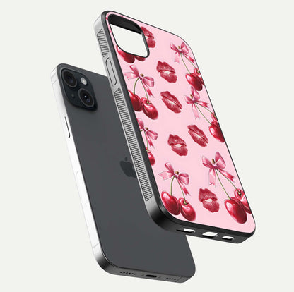 Cherry With Lips Glass Case for iPhone 15 Plus floating mockup showing HD gloss and pop-art inspired tones