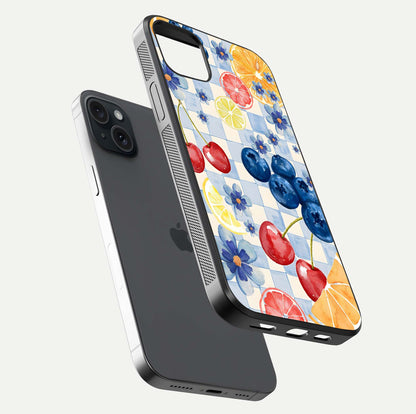 Citrus Bloom Joy Glass Case for iPhone 15 Plus floating mockup showing HD gloss and lively tone