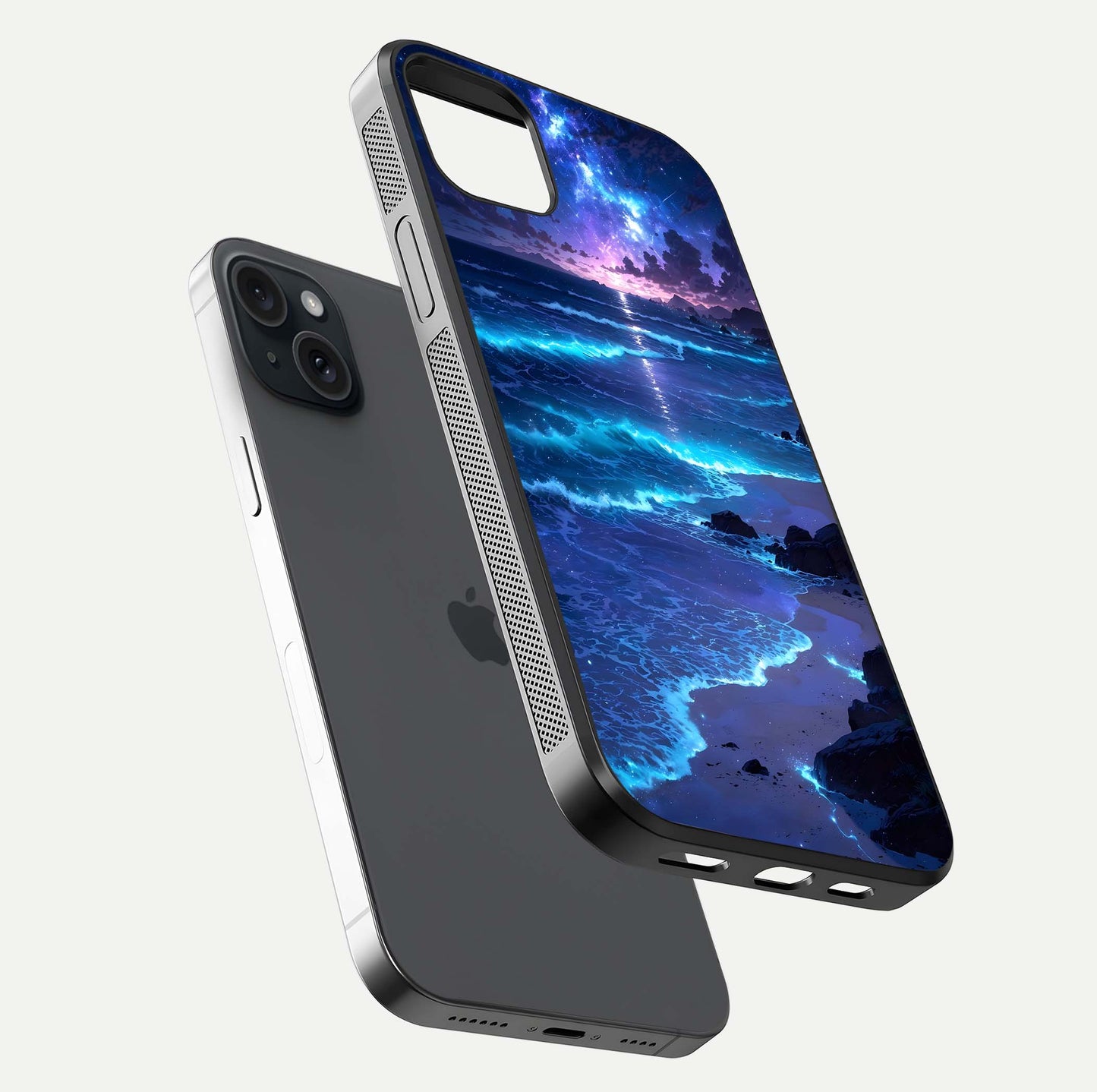 Classic Damn Look Glass Case for iPhone 15 Plus floating mockup emphasizing HD gloss and stylish edges
