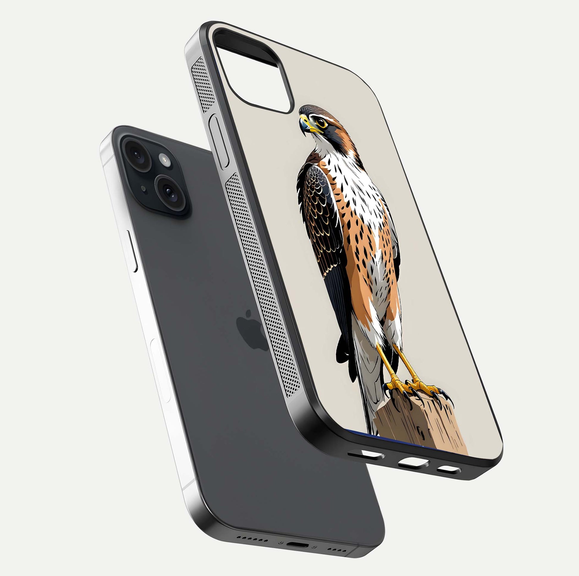 Clever Eagle Glass Case for iPhone 15 Plus floating mockup displaying sharp gloss and art contrast