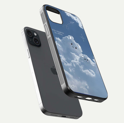 Cloud Bunny Dreams Glass Case for iPhone 15 Plus floating mockup showing soft gradient and gloss reflection
