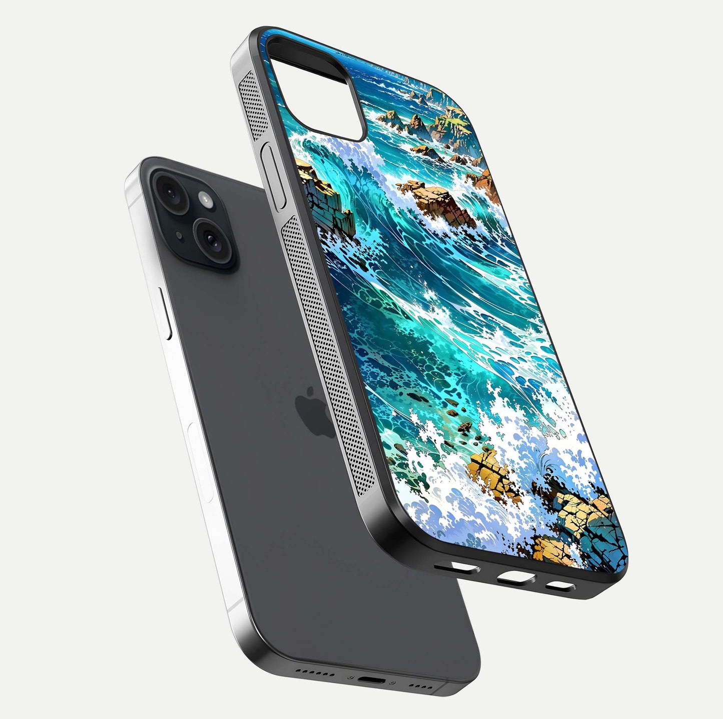 Coastal Blue Waves Glass Case for iPhone 15 Plus floating mockup showing HD reflection and wave details