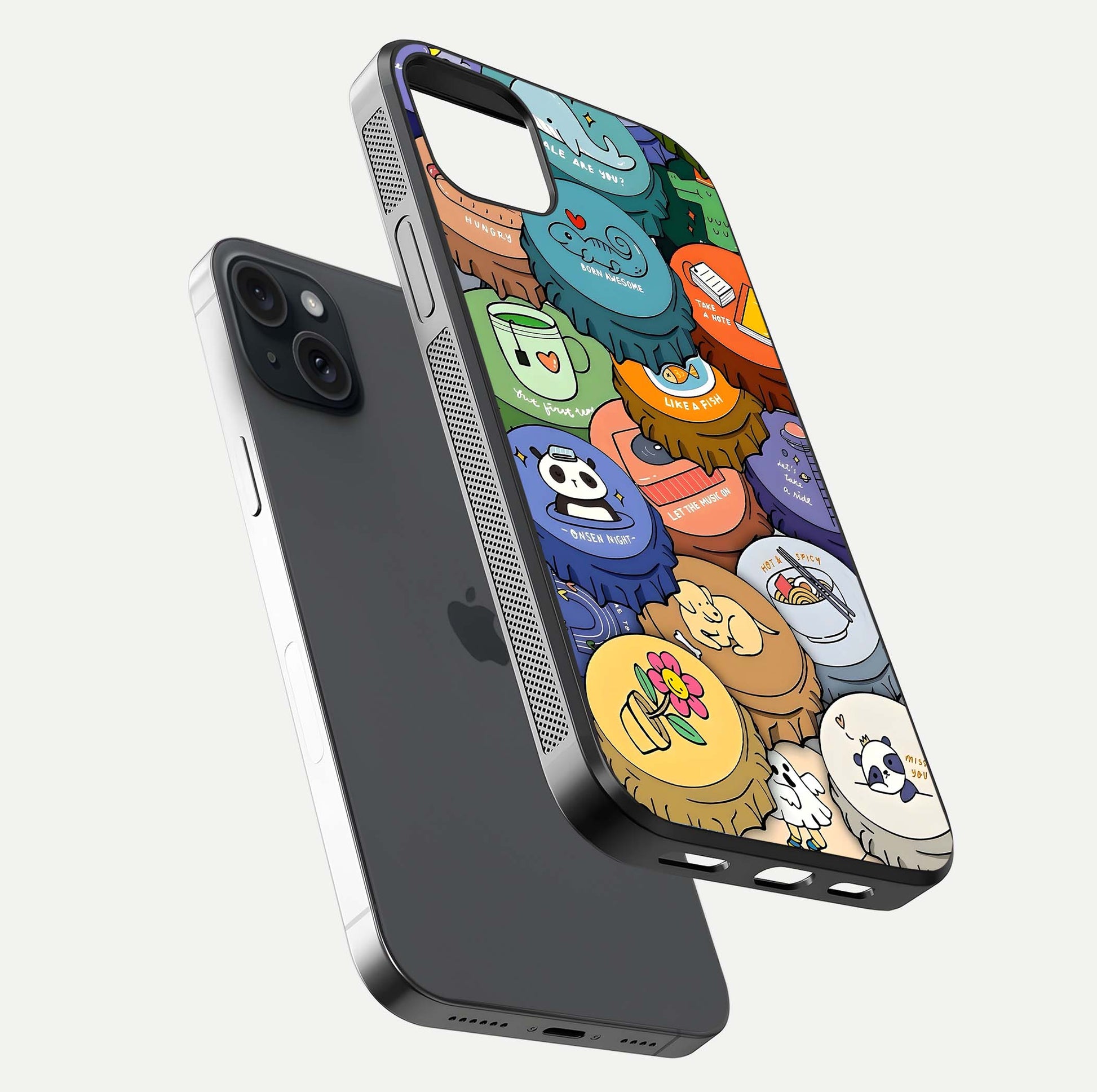 Coins Patterns Glass Case for iPhone 15 Plus floating mockup showing reflection depth and smooth tone