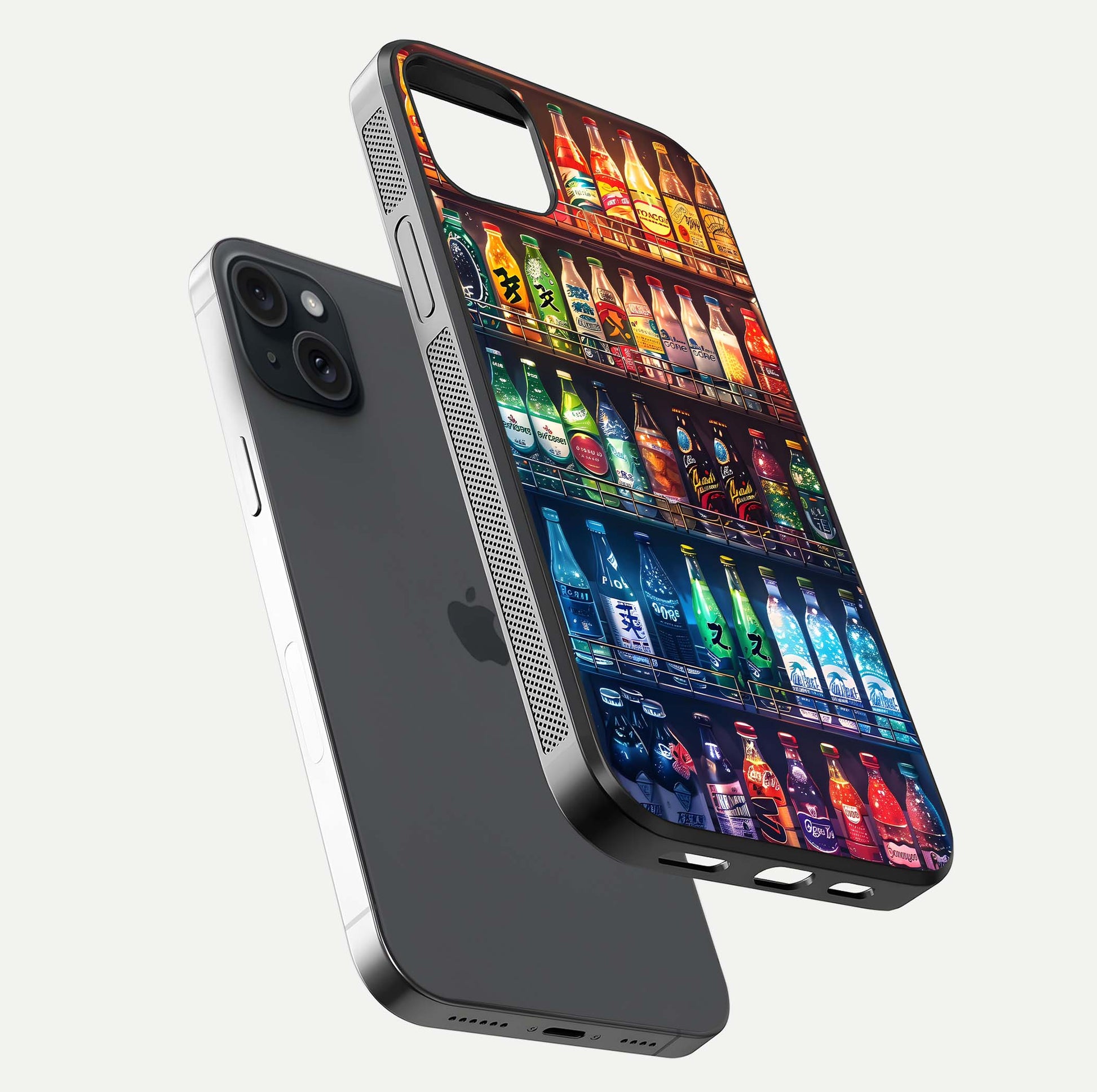 Colorful Soda Bottles Glass Case for iPhone 15 Plus floating mockup showing light reflection and bright gloss