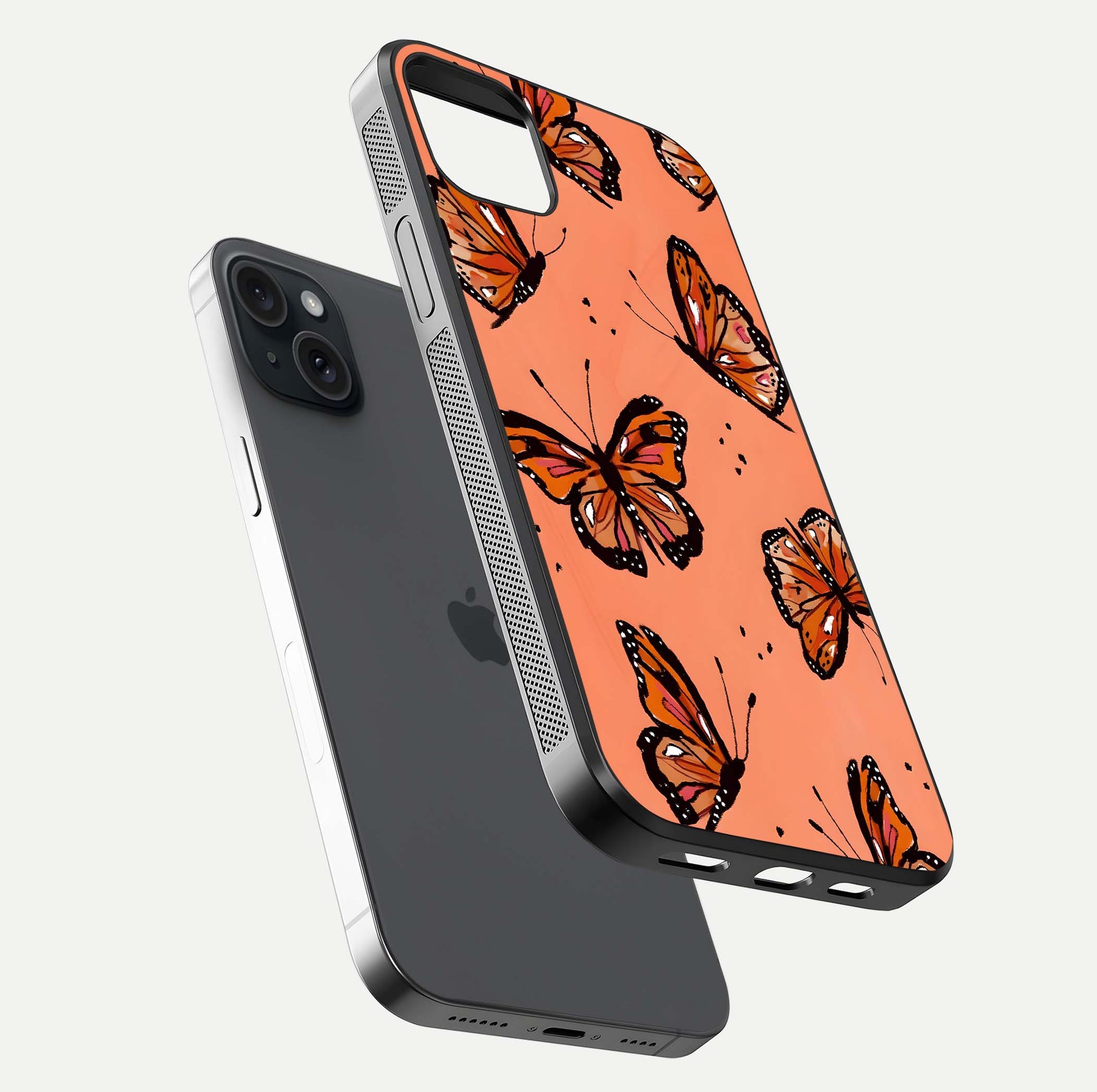 Coral Wing Butterfly Glass Case for iPhone 15 Plus floating mockup showing HD gloss texture and vivid coral color