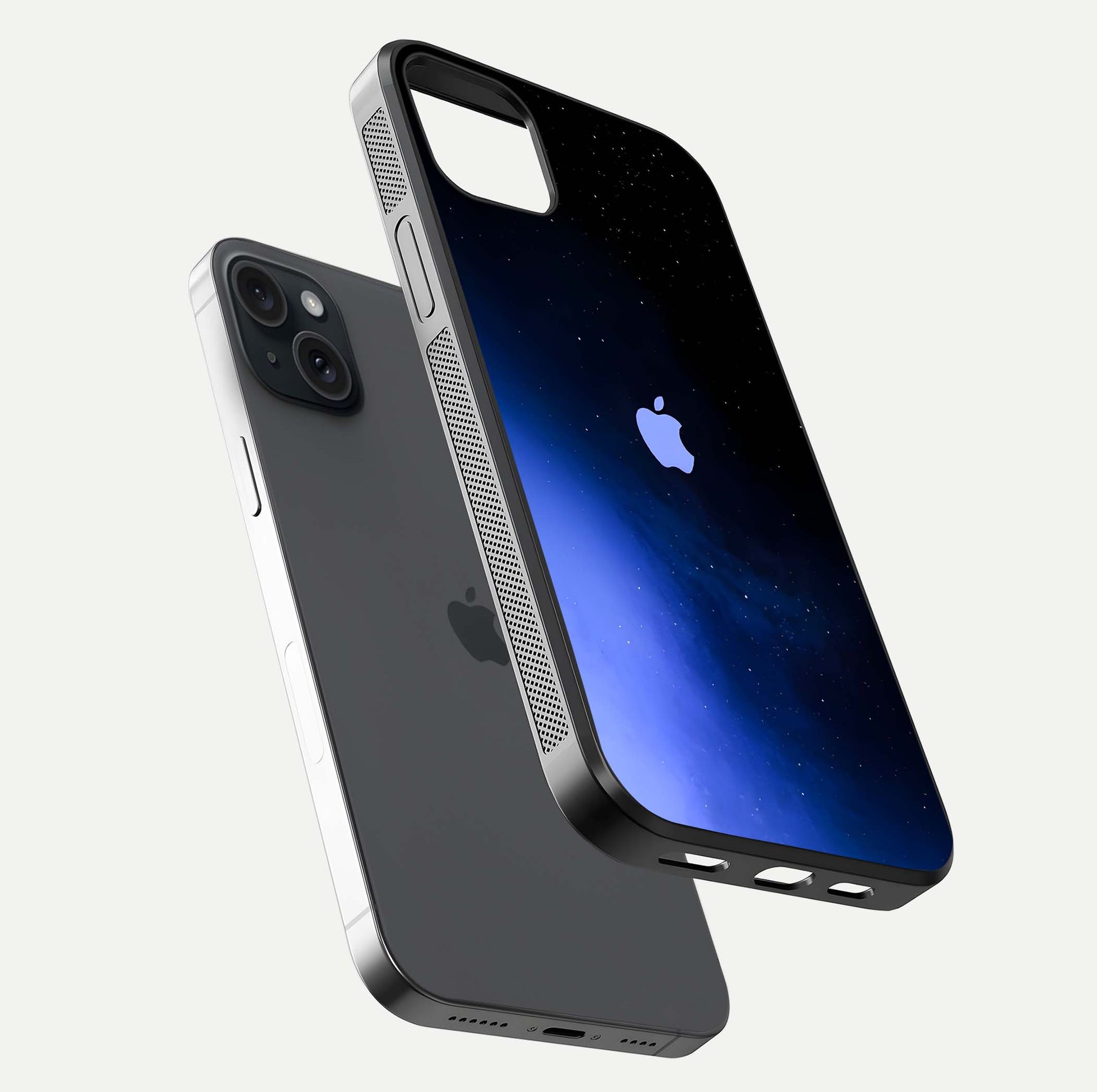 Cosmic Blue Apple Glass Case for iPhone 15 Plus floating mockup showing HD gloss and deep space gradient