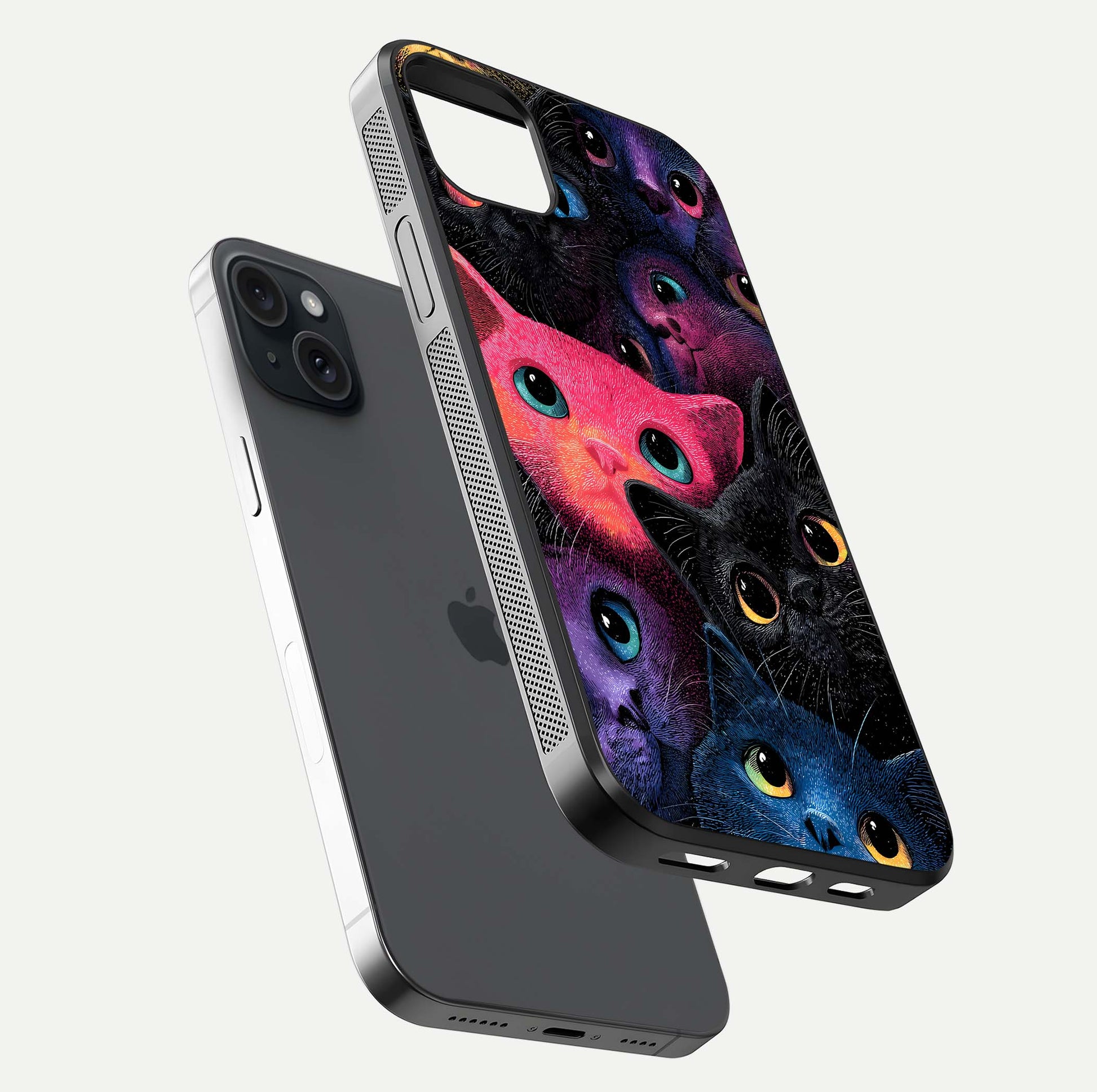 Cosmic Cats Dreams Glass Case for iPhone 15 Plus floating mockup showing star details and polish reflection