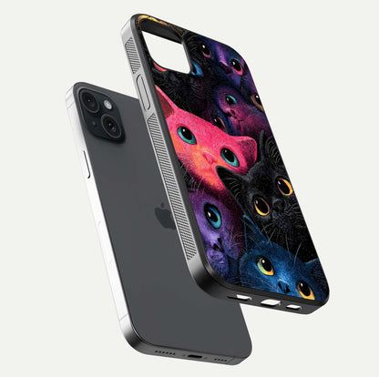 Cosmic Cats Dreams Glass Case for iPhone 15 Plus floating mockup showing star details and polish reflection