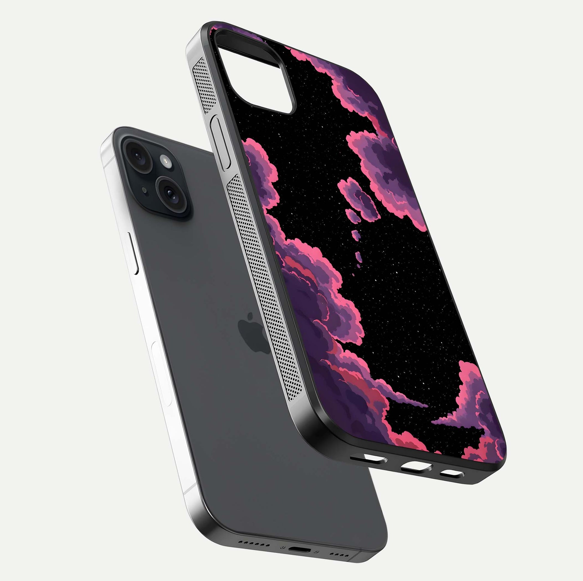 Cosmic Cloud Journey Glass Case for iPhone 15 Plus floating mockup showing HD gloss and cosmic gradient