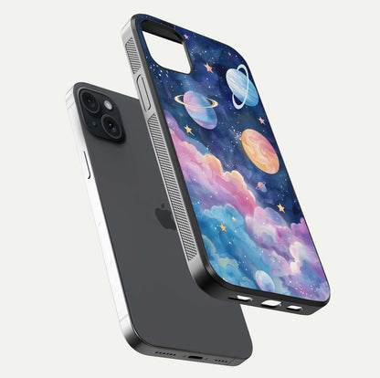 Cosmic Planet Dreams Glass Case for iPhone 15 Plus floating mockup showing HD gloss and cosmic reflection