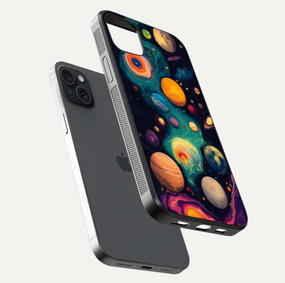 Cosmic Planet Journey Glass Case for iPhone 15 Plus floating mockup showing gloss gradient and deep shine