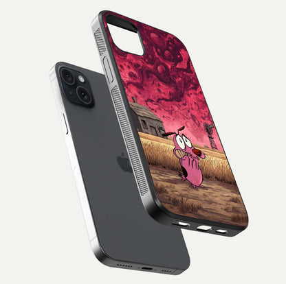 Courage Under Sky Glass Case for iPhone 15 Plus floating mockup showing shine reflection and clean edges