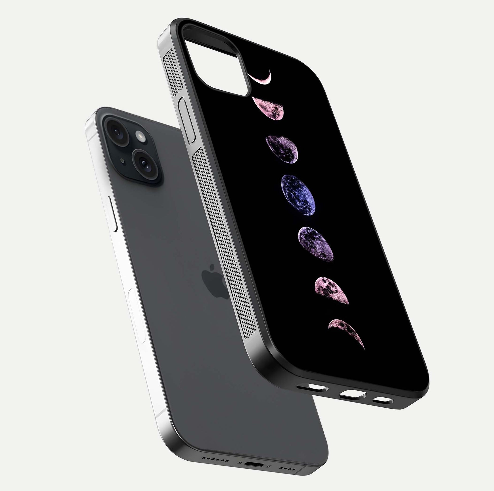 Crimson All Planets Glass Case for iPhone 15 Plus floating mockup showing gloss depth and rich hues