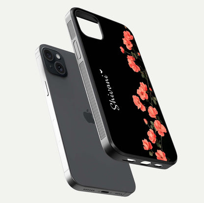 Crimson Bloom Grace Custom Name Glass Case for iPhone 15 Plus floating mockup showing HD gloss and floral tones