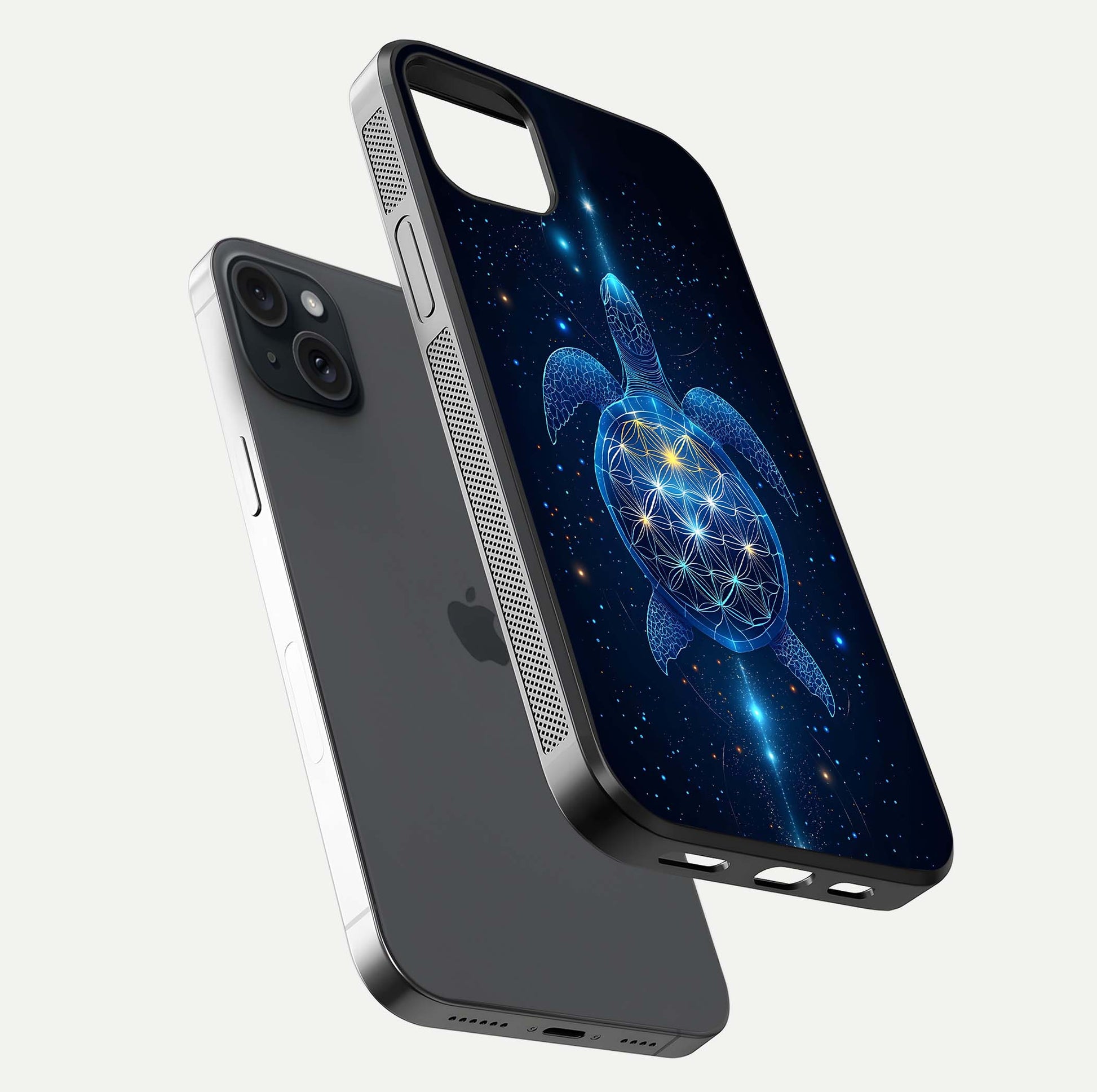 Crimson Blue Turtle Glass Case for iPhone 15 Plus floating mockup showing reflection polish and deep hues
