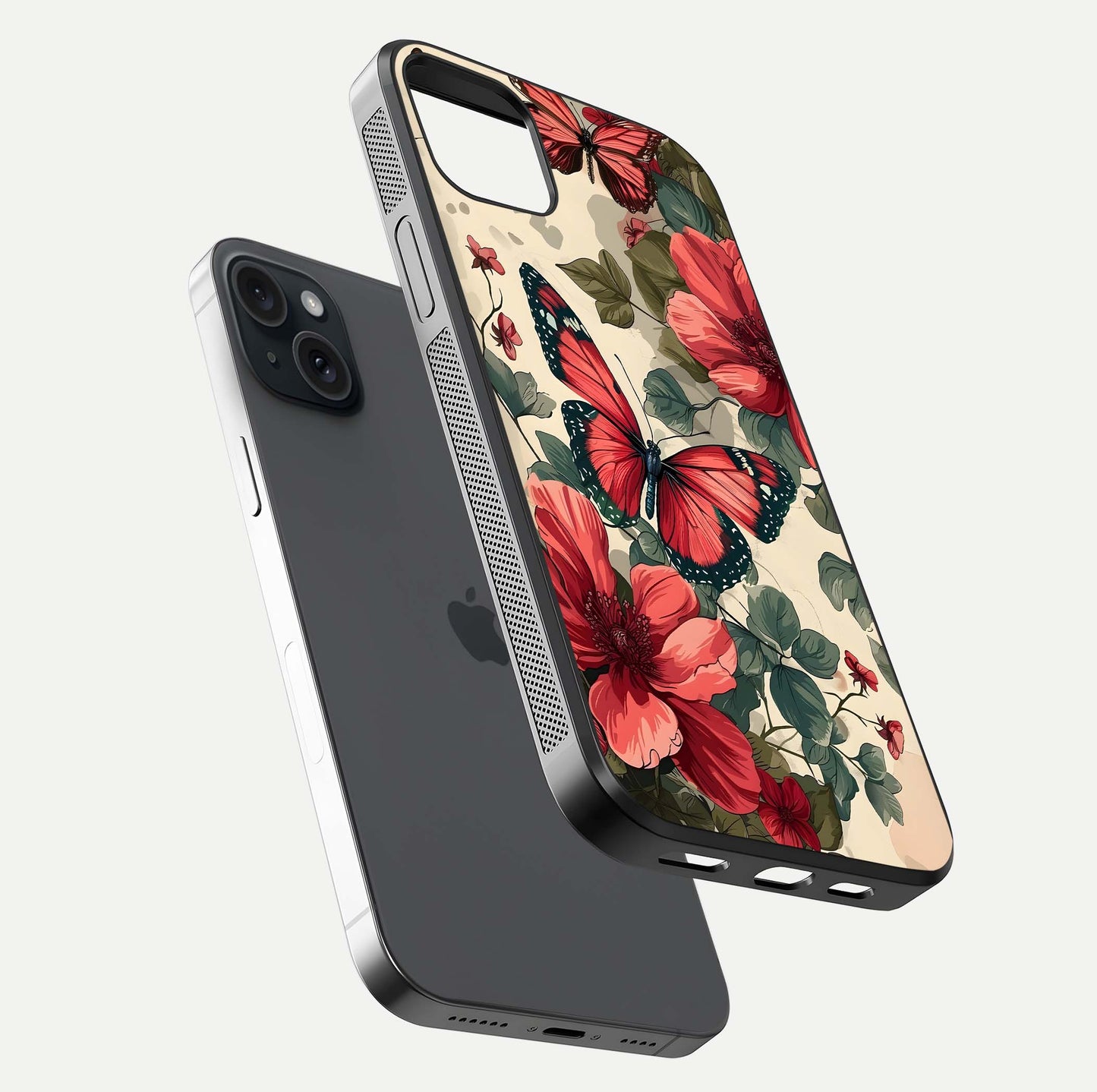 Crimson Butterfly Garden Glass Case for iPhone 15 Plus floating mockup showing HD gloss and vivid art