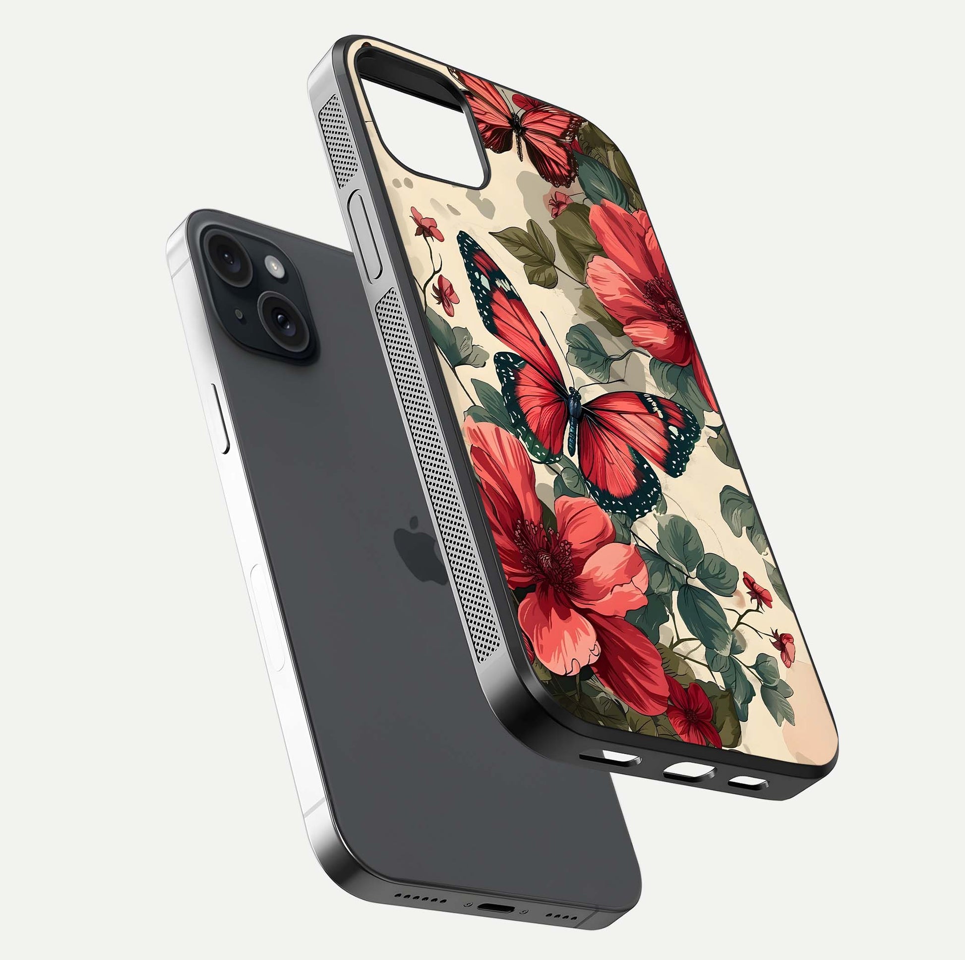 Crimson Butterfly Garden Glass Case for iPhone 15 Plus floating mockup showing HD gloss and vivid art