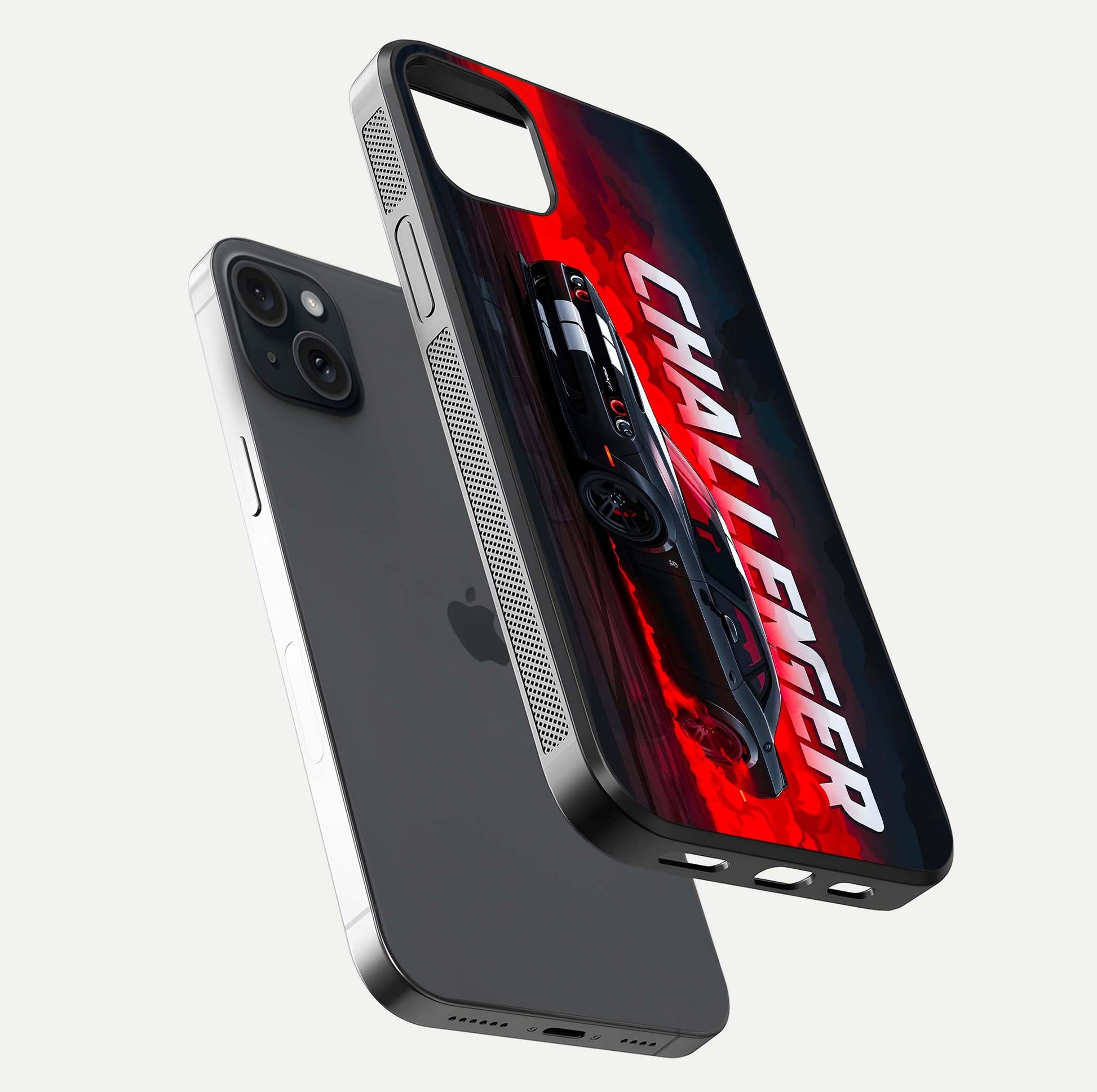 Crimson Challenger Fury Glass Case for iPhone 15 Plus floating mockup showing HD gloss and sleek shine
