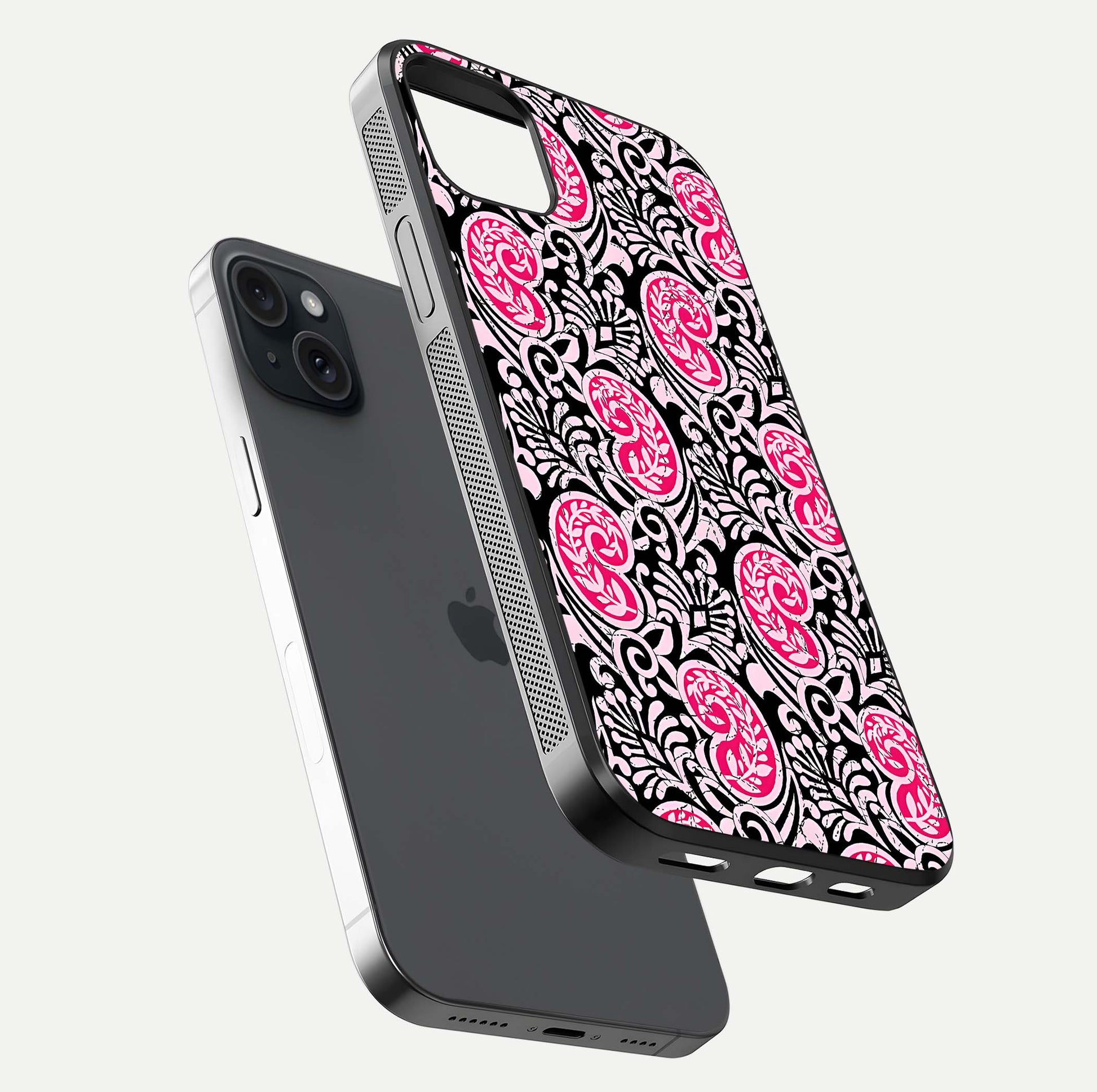 Crimson Paisley Charm Glass Case for iPhone 15 Plus floating mockup showing gloss shine and texture clarity